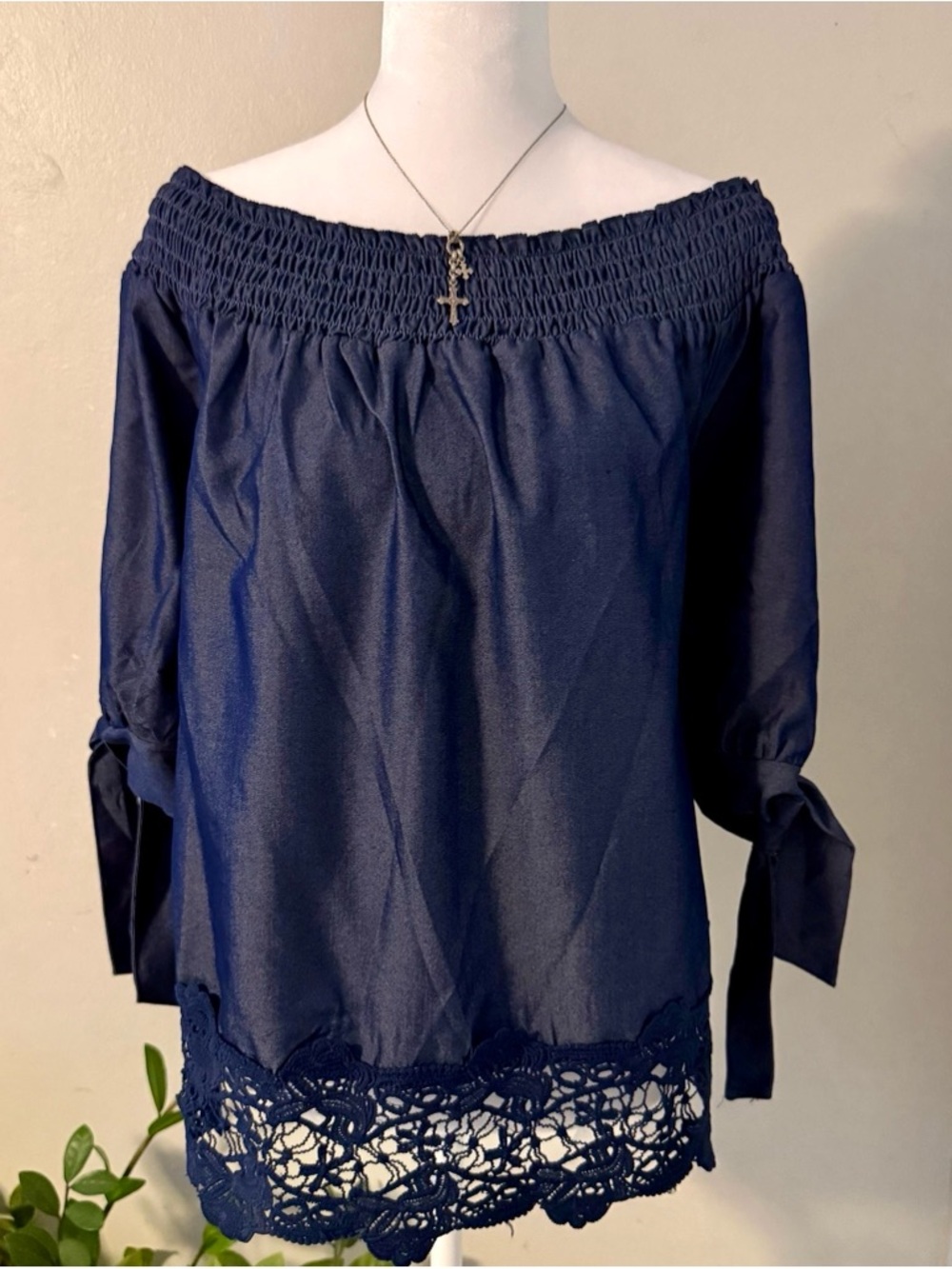 Unique Spectrum Navy Off-Shoulder Crochet-Hem Blouse